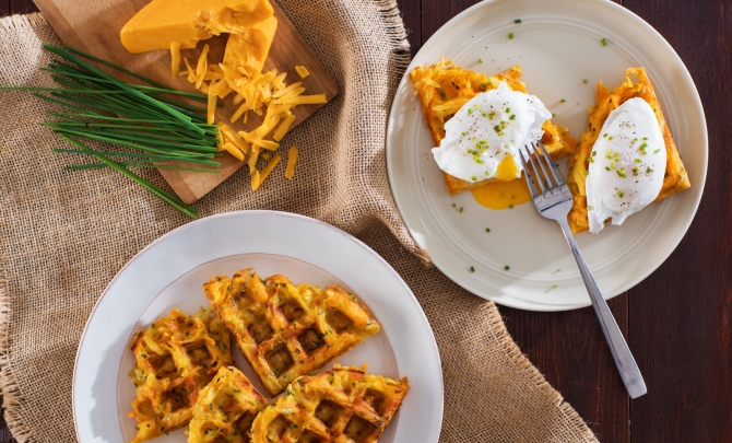Cheesy Hashbrown Waffles with Poached Eggs