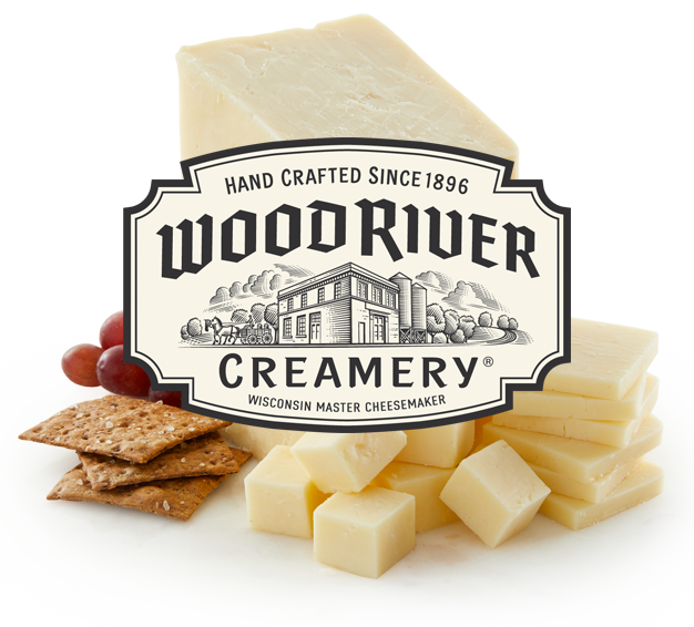 Wood River Creamery logo with assorted cheeses background