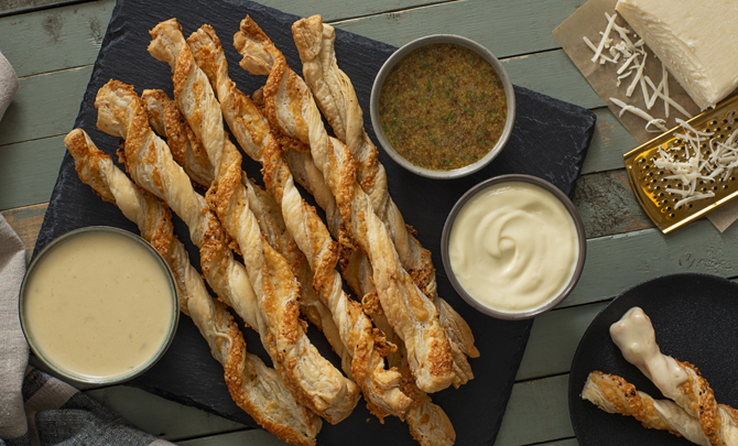 Pastry Cheese Twists with Trio of Dips